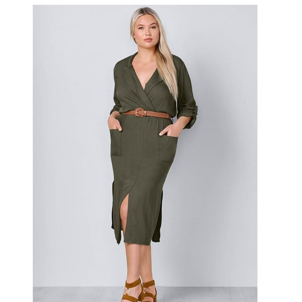 Plus Size Belted Midi Shirt Dress in Olive 2x